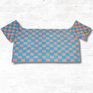 SO Off Shoulder Checkered Crop Top Blue Pink Y2K Preppy Streetwear Y2K Summer- L